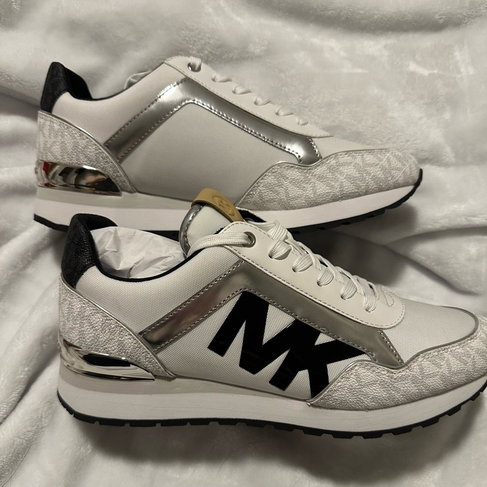 Michael Kors White and Silver Sneakers with Black Accents